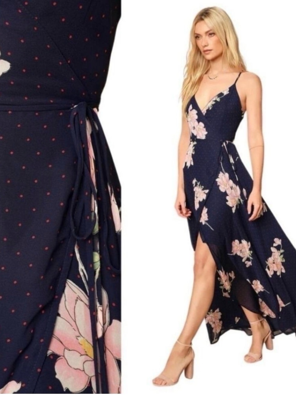 Lulu’s Loiselle Navy Blue Floral Print Polka Dot Wrap Maxi Dress